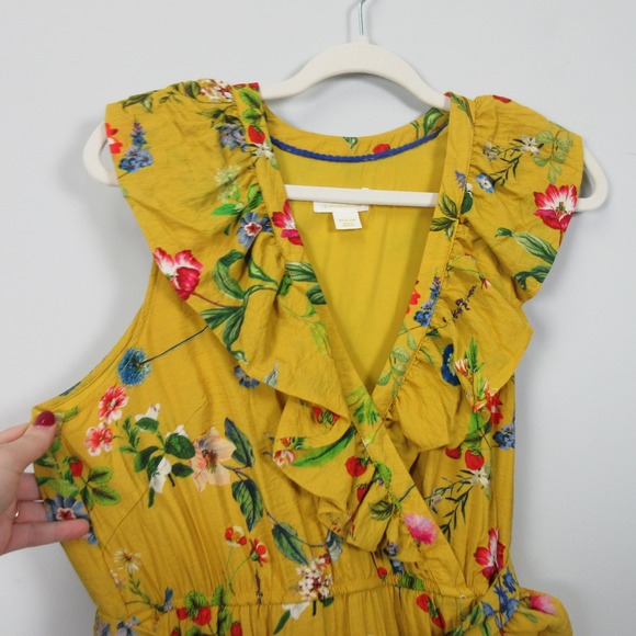 Maeve Anthropologie Yellow Floral Ruffle Wrap Mini Dress Women's Medium Boho M - Picture 3 of 15
